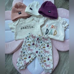 2 Finn and Emma onesies with chick pea adorable pant and beanies - 0-3 months